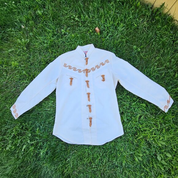 True Vintage 1970's Western  Leather Trimmed Cowboy Rodeo Button Down Shirt - Picture 2 of 8